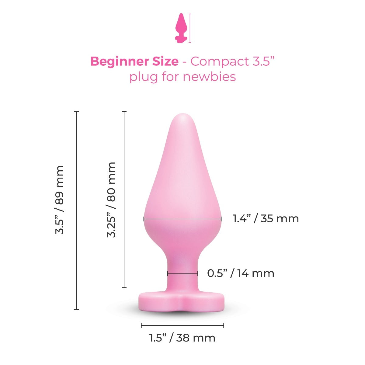 tapered anal plug with heart shaped base, size chart
