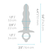 Measurement chart of a silver anal plug with dimensions labeled.