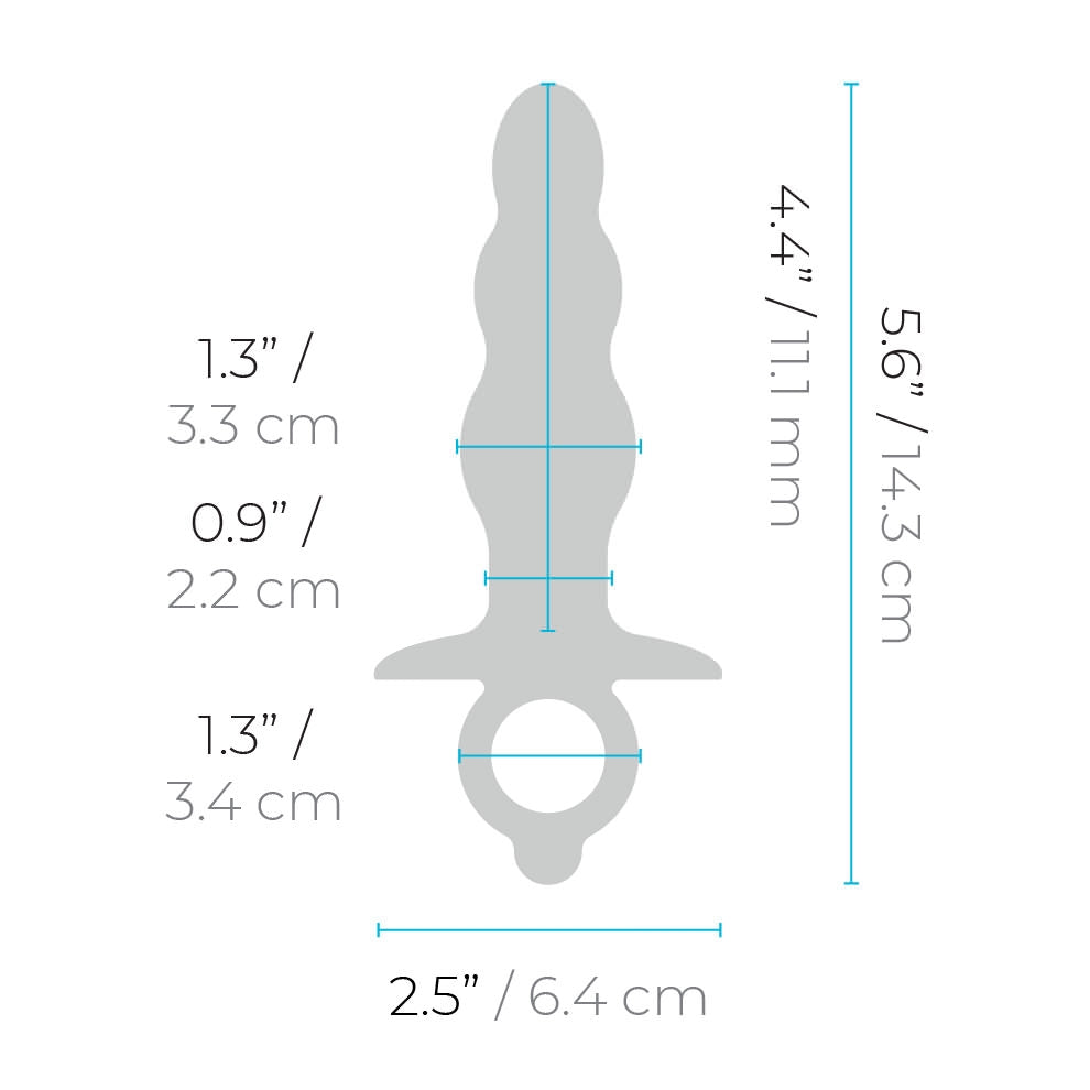 Measurement chart of a silver anal plug with dimensions labeled.