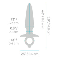 Measurement chart of a silver anal plug with dimensions labeled on a white background