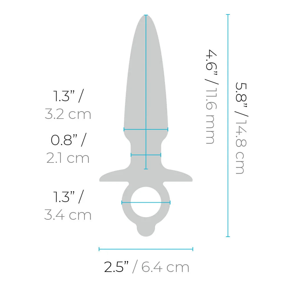 Measurement chart of a silver anal plug with dimensions labeled on a white background