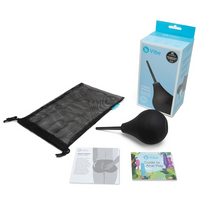 black anal douche with box packaging and accessories