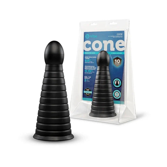 Black cone-shaped product with packaging on a white background