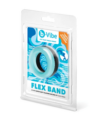 b-Vibe Flex Band in its original retail blister packaging, featuring a light blue silicone ring with a black inner core on a white background.
