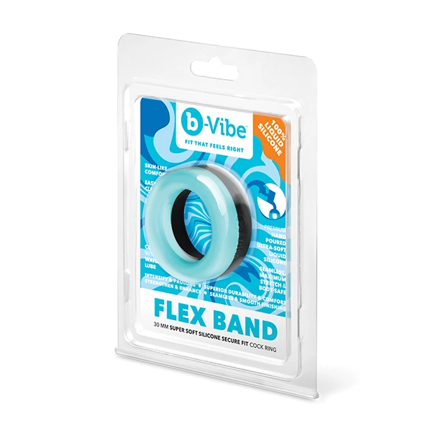 b-Vibe Flex Band in its original retail blister packaging, featuring a light blue silicone ring with a black inner core on a white background.