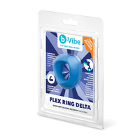 b-Vibe Flex Ring Delta in its original retail blister packaging, featuring a blue silicone ring inside a clear plastic case with a blue and white printed insert card.