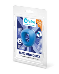 b-Vibe Flex Ring Delta in its original retail blister packaging, featuring a blue silicone ring inside a clear plastic case with a blue and white printed insert card.