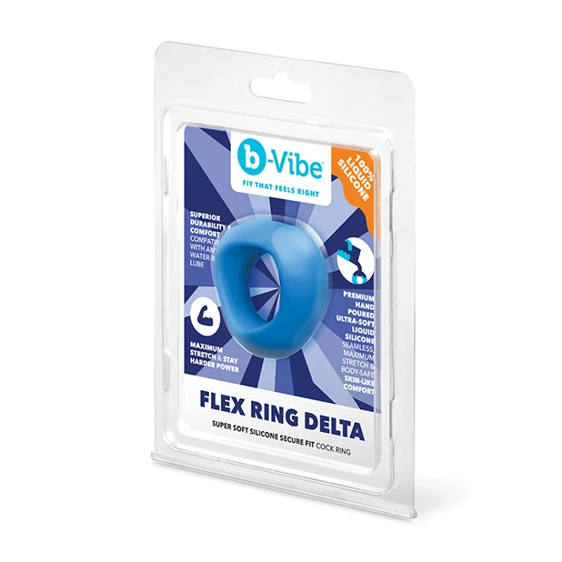 b-Vibe Flex Ring Delta in its original retail blister packaging, featuring a blue silicone ring inside a clear plastic case with a blue and white printed insert card.