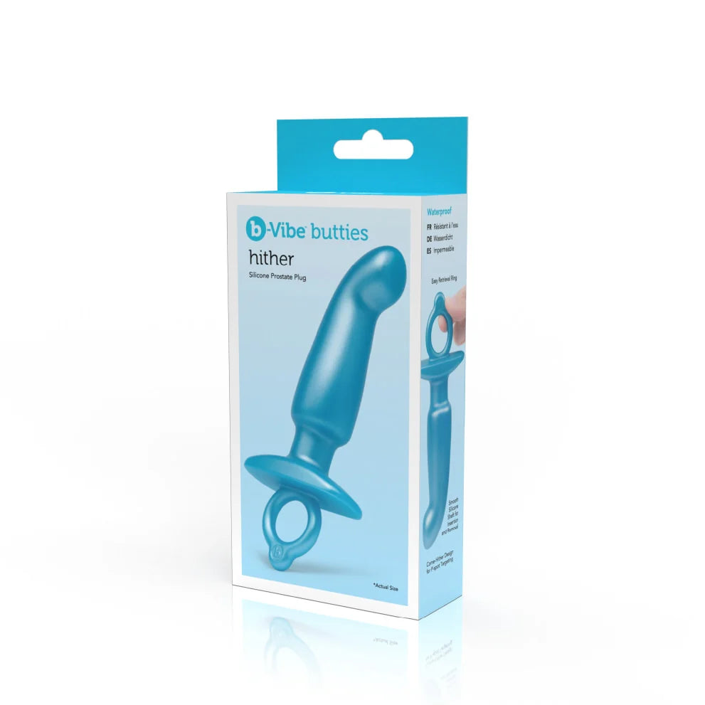 Blue silicone anal plug product in packaging with visible brand name on a white background