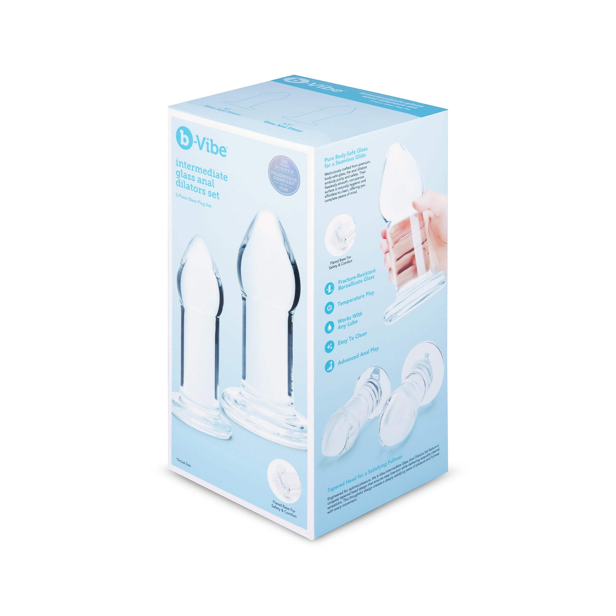 2 glass anal dilators on box packaging
