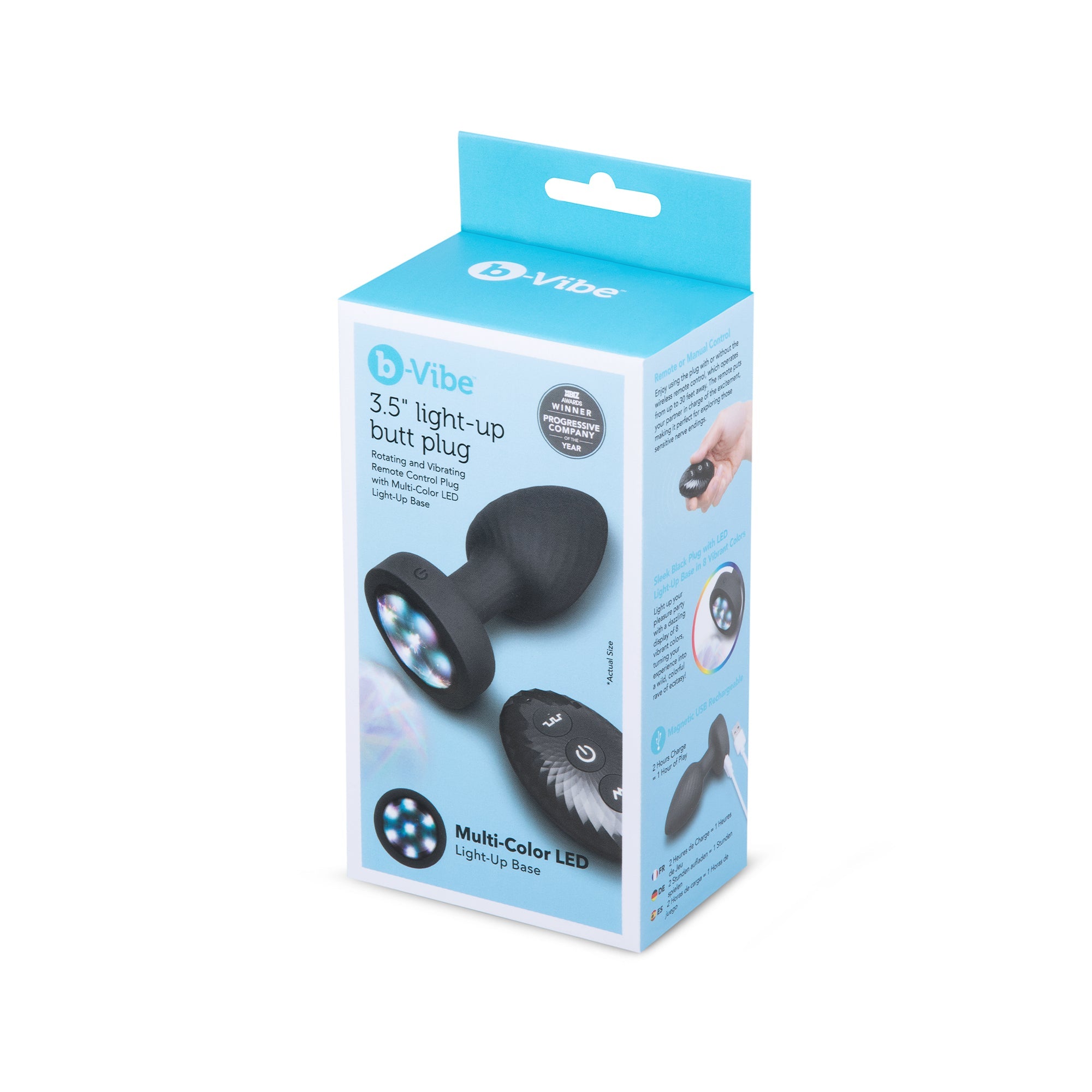 black anal plug with blue light up led on bottom, with remote, on box packaging