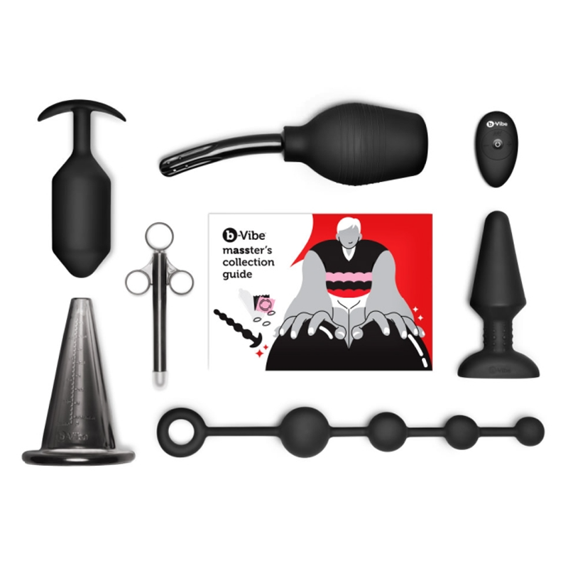 Collection of black sex toys and accessories on a white background with a Vibe masster's collection guide.
