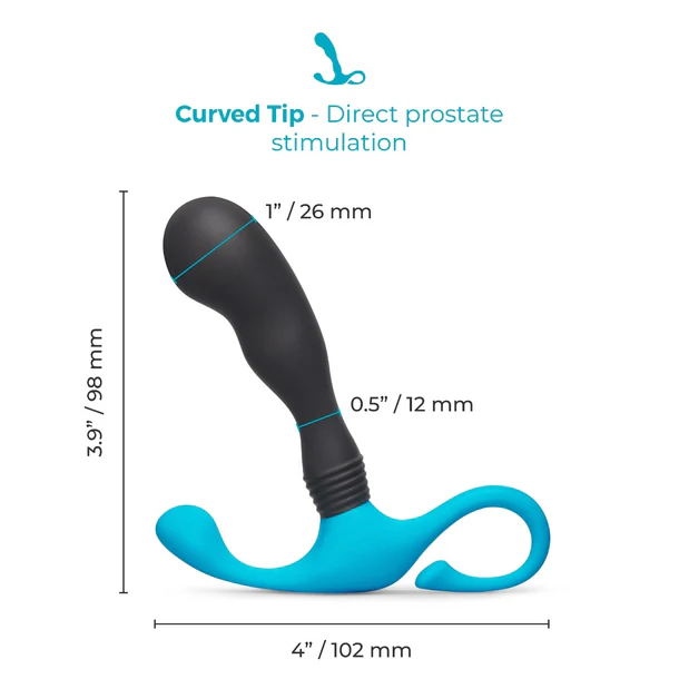 Blue and black prostate stimulation device with measurements on a white background