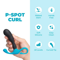 Blue and black P-Spot Curl product held in a hand with feature icons on a light blue background