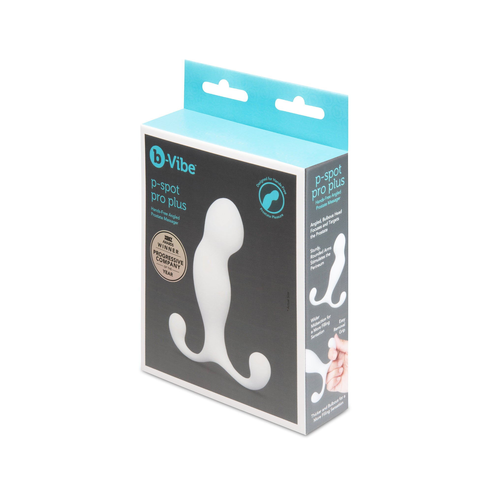 white curved p-spot anal plug on box packaging
