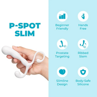 hand holding slim white p spot anal plug with specs