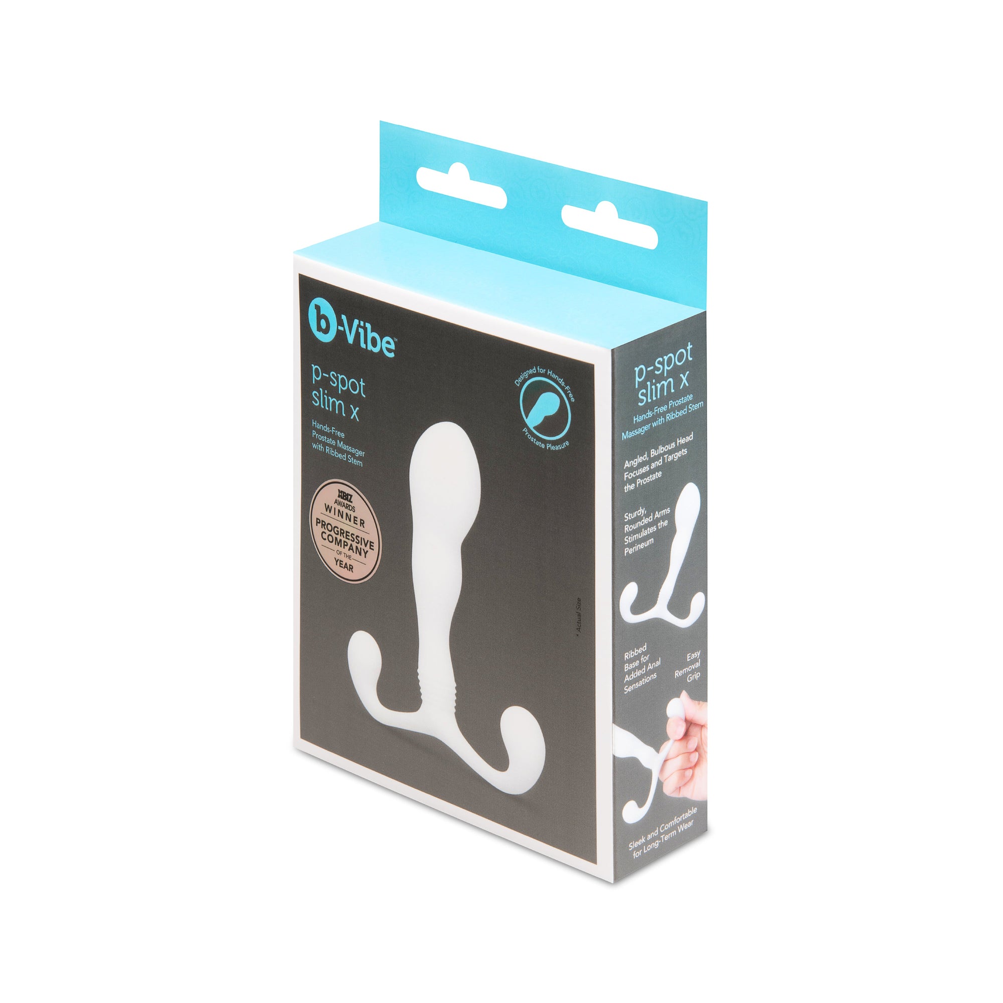 white curved p spot anal plug on box packaging with b-vibe brand
