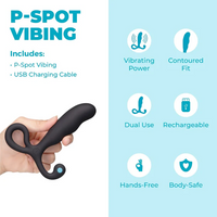 black curved anal plug with finger ring. held in hand with specs 