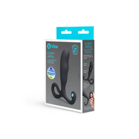 vibrating curved anal plug, with finger ring holder on box packaging