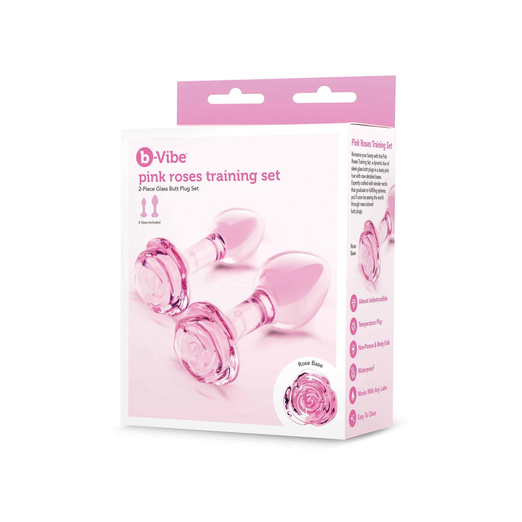 2 pink glass anal plug with rose shaped bottoms on box packaging