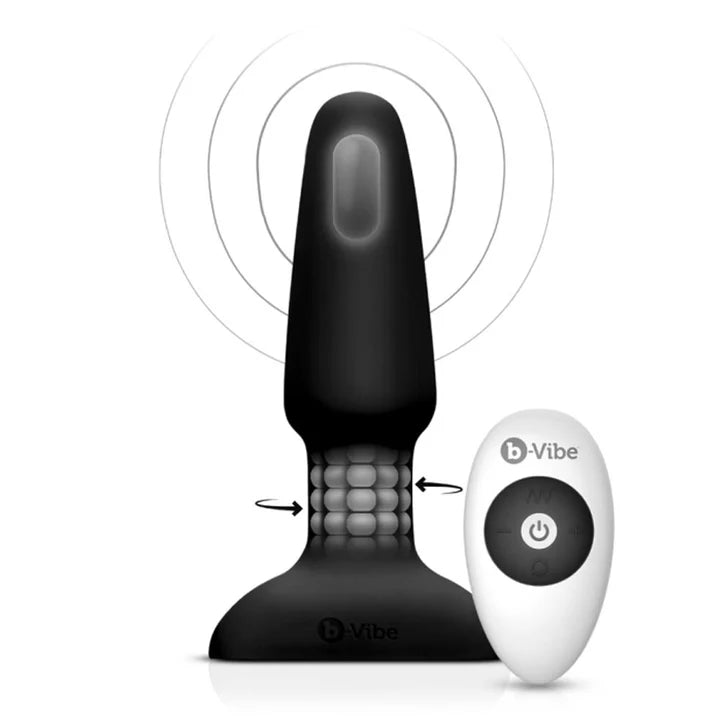 tapered anal plug with inner beads, and remote control in black