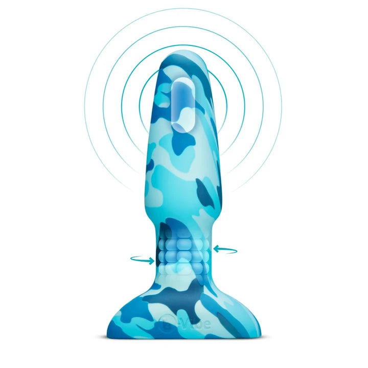tapered anal plug with inner beads, and remote control in blue camo