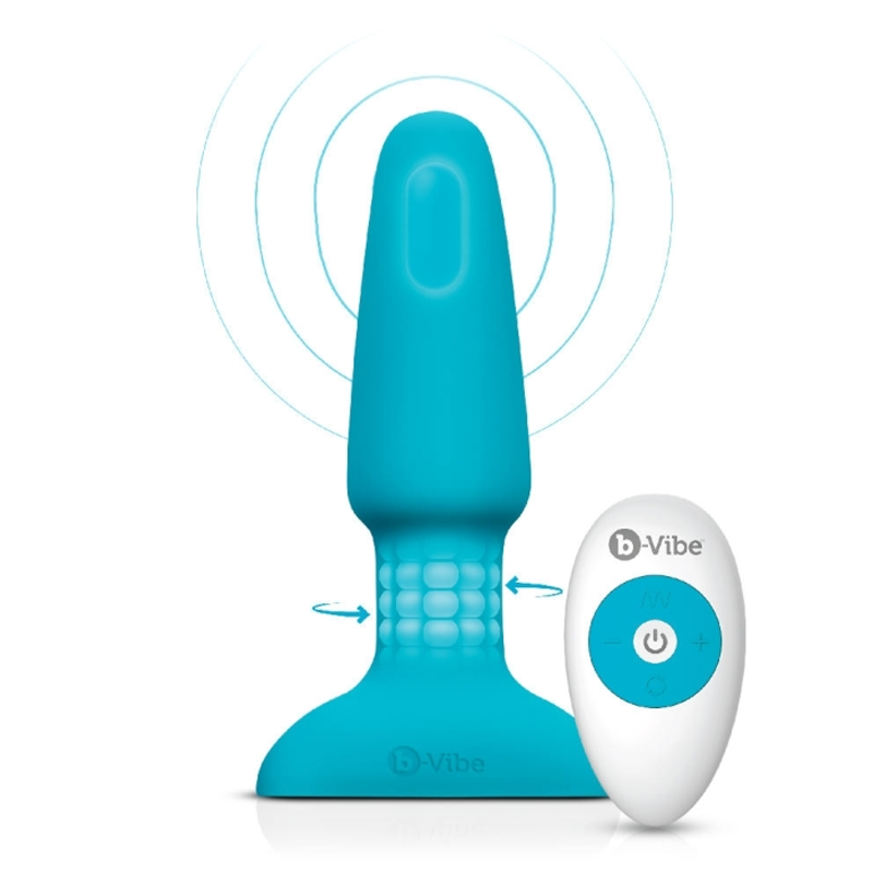 tapered anal plug with inner beads, and remote control in blue
