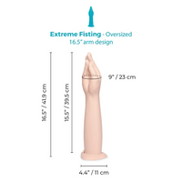 Measurement chart of an oversized fisting dildo product with dimensions labeled.
