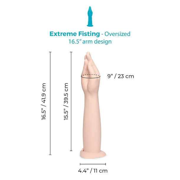 Measurement chart of an oversized fisting dildo product with dimensions labeled.