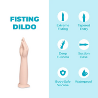 Fisting dildo with features listed on a light blue background