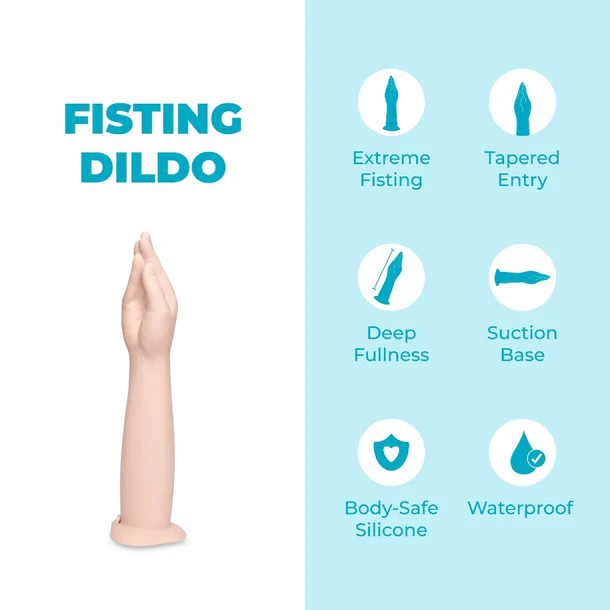 Fisting dildo with features listed on a light blue background