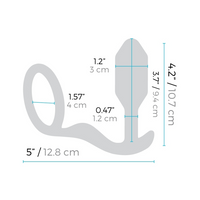Measurement chart of a gray anal plug with dimensions labeled on a white background