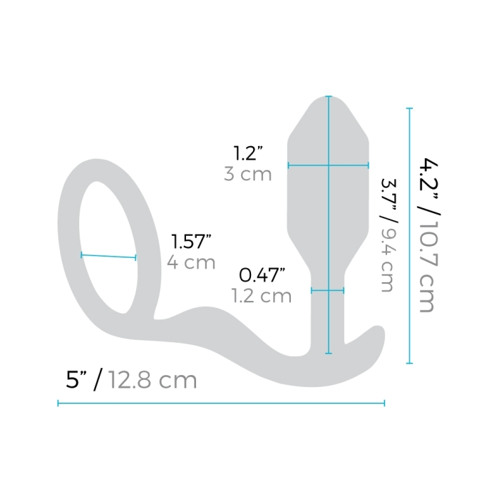 Measurement chart of a gray anal plug with dimensions labeled on a white background