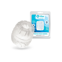 Clear stretch-tech barrel with b-Vibe packaging on a white background