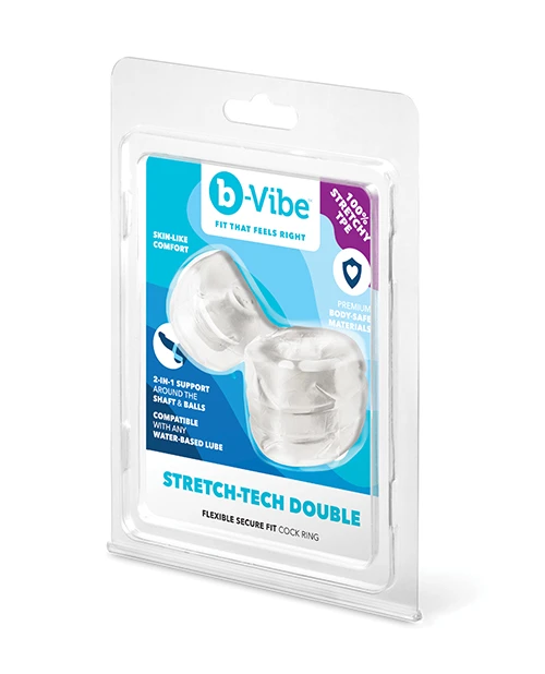 bVibe Stretch-Tech Double Flexible Secure Fit Cock Ring in its original clear plastic blister packaging with a blue and white label.
