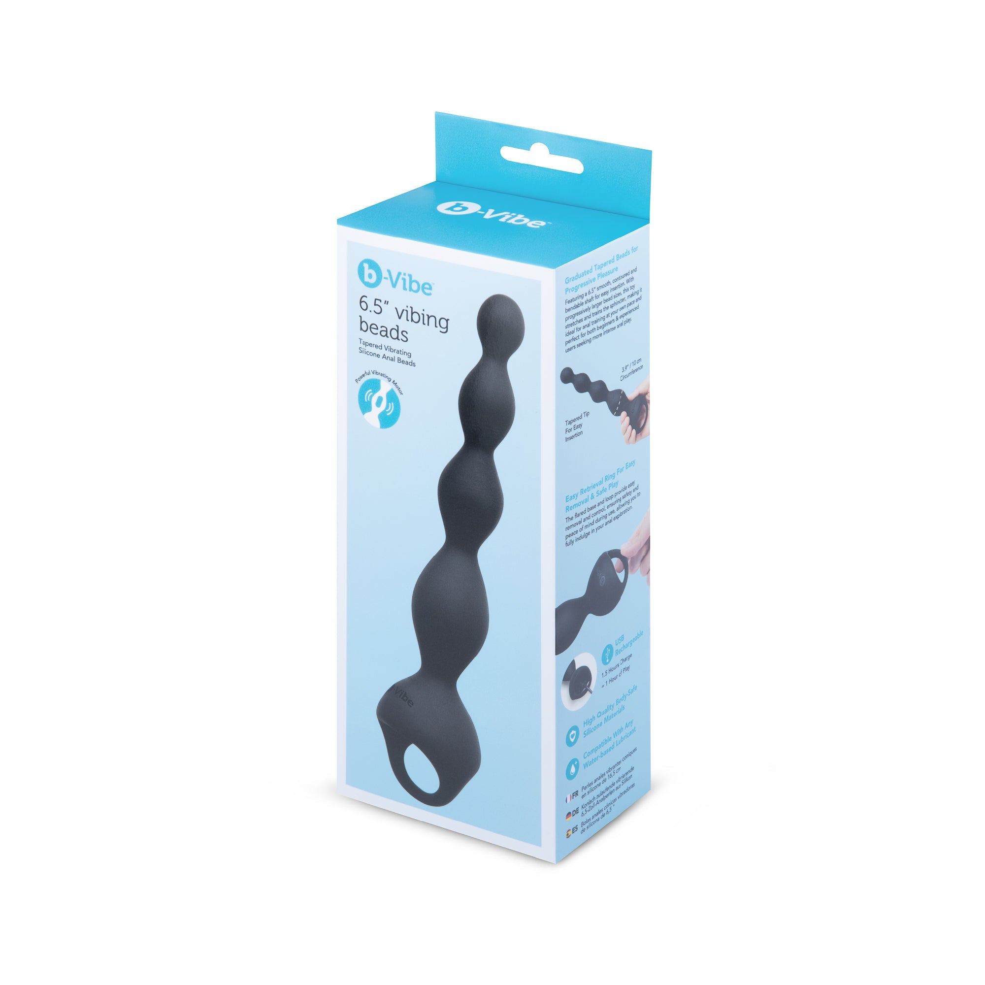 Package of 6.5" Vibe anal beads product with blue and white design