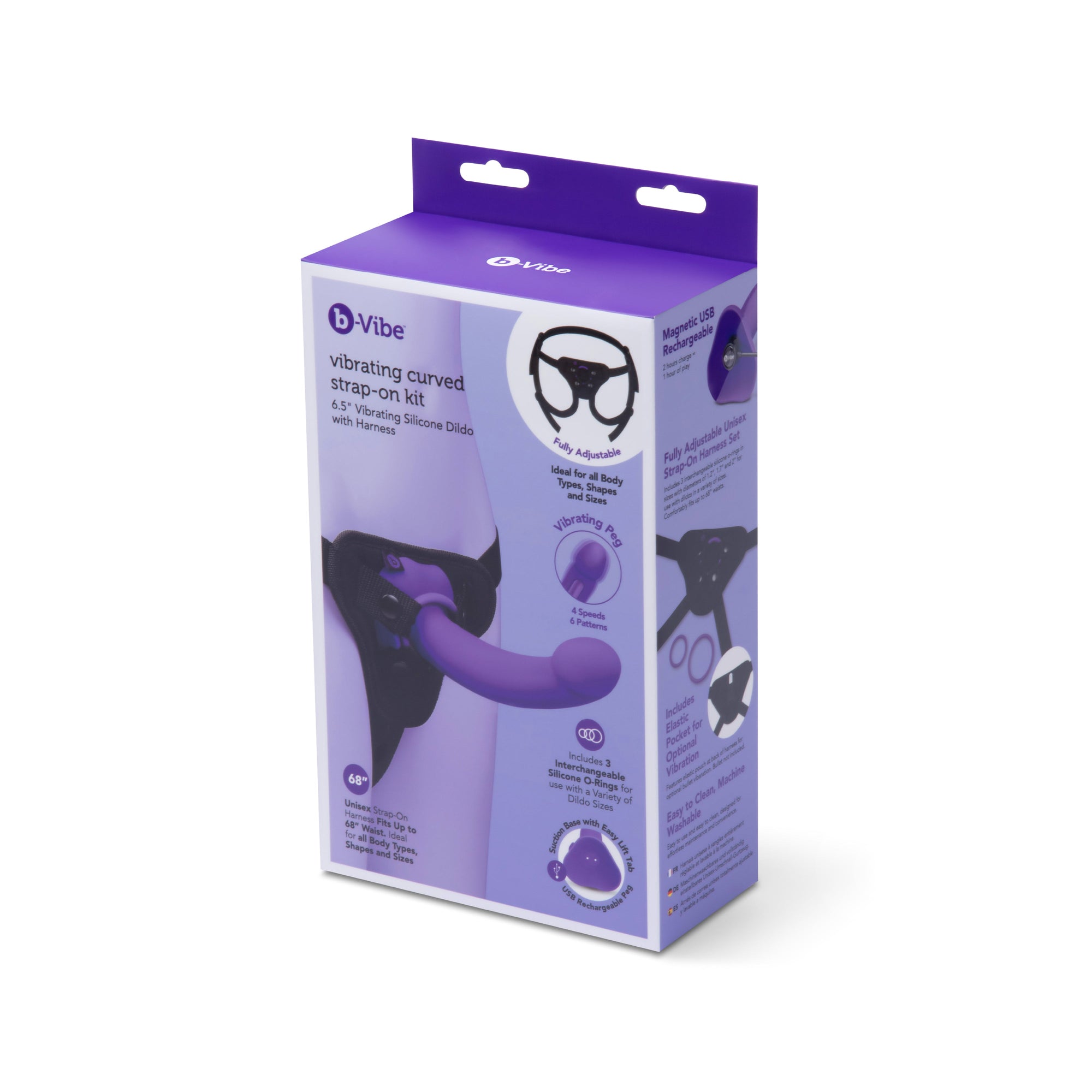 purple and black curved dildo with harness on box packaging