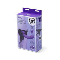 purple and black curved dildo with harness on box packaging