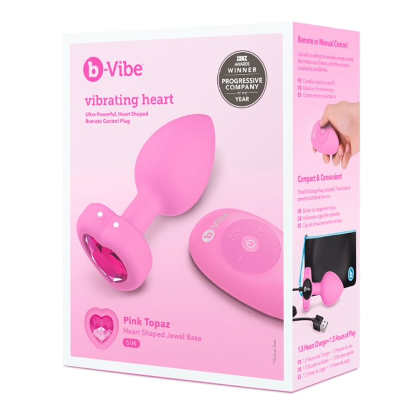 tapered anal plug, with heart gem on bottom. with remote control on box packaging