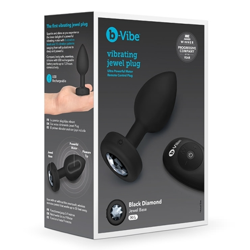 black anal plug with clear jewel on bottom, with remote control, on box packaging