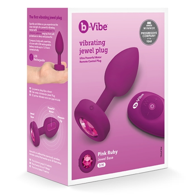 purple tapered anal plug with pink gem in bottom, with remote control on box packaging
