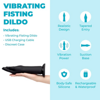 Product description of a vibrating fistling dildo with features listed on a light blue background.