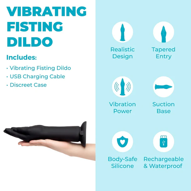 Product description of a vibrating fistling dildo with features listed on a light blue background.