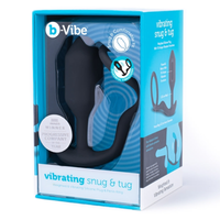 B-Vibe vibrating snug & tug anal plug with cock ring product packaging on a white background