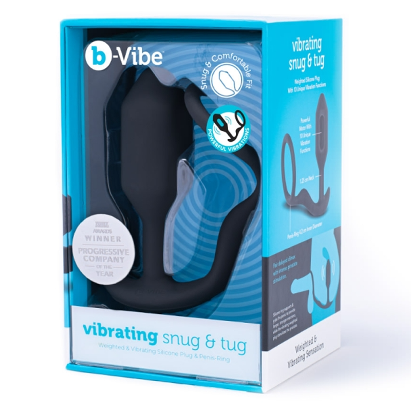B-Vibe vibrating snug & tug anal plug with cock ring product packaging on a white background