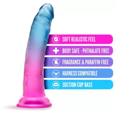 a blue and purple transparent penis shaped dildo with a suction cup shown next to a list of its key features