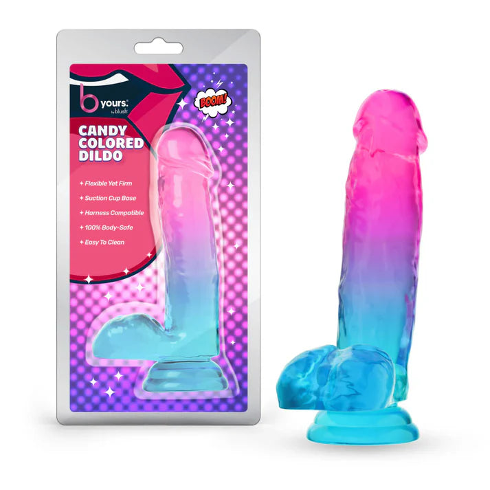B Yours Candy Colored Dildo by Blush in pink and blue swirl silicone with suction cup base and realistic textured design, shown alongside retail packaging.