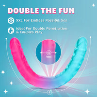 Promotional image for the B Yours Candy Papi XXL Double Dong by Blush highlighting couples play, double penetration compatibility, 18-inch length, and 1.75-inch thickness.