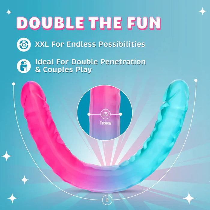 Promotional image for the B Yours Candy Papi XXL Double Dong by Blush highlighting couples play, double penetration compatibility, 18-inch length, and 1.75-inch thickness.