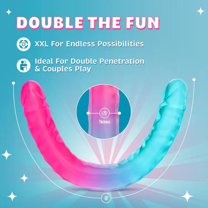 Promotional image for the B Yours Candy Papi XXL Double Dong by Blush highlighting couples play, double penetration compatibility, 18-inch length, and 1.75-inch thickness.